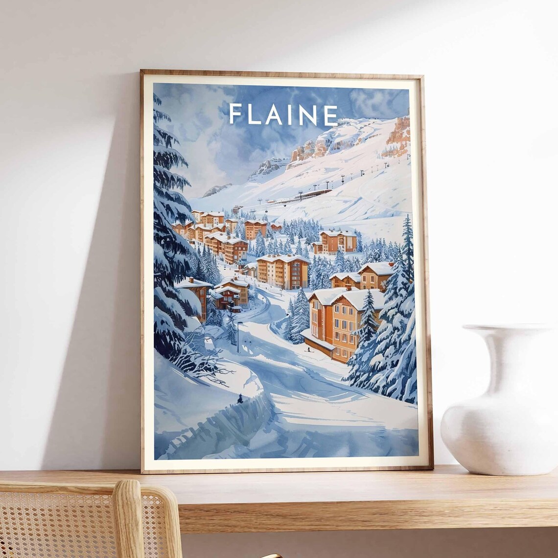 Flaine France Alpine Village Chalets Curved Snowy Road Poster