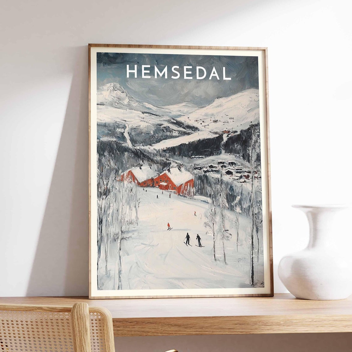 Hemsedal Norway Rustic Red Cabin Winter Ski Slope Scene Poster