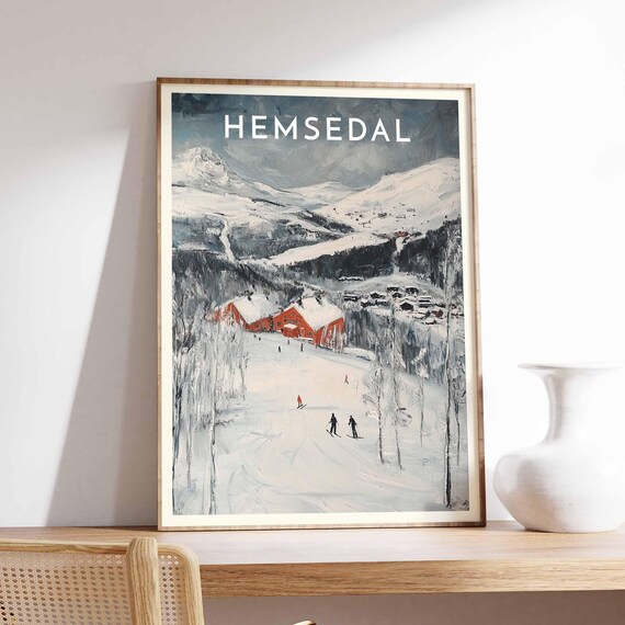 Hemsedal Norway Rustic Red Cabin Winter Ski Slope Scene Poster