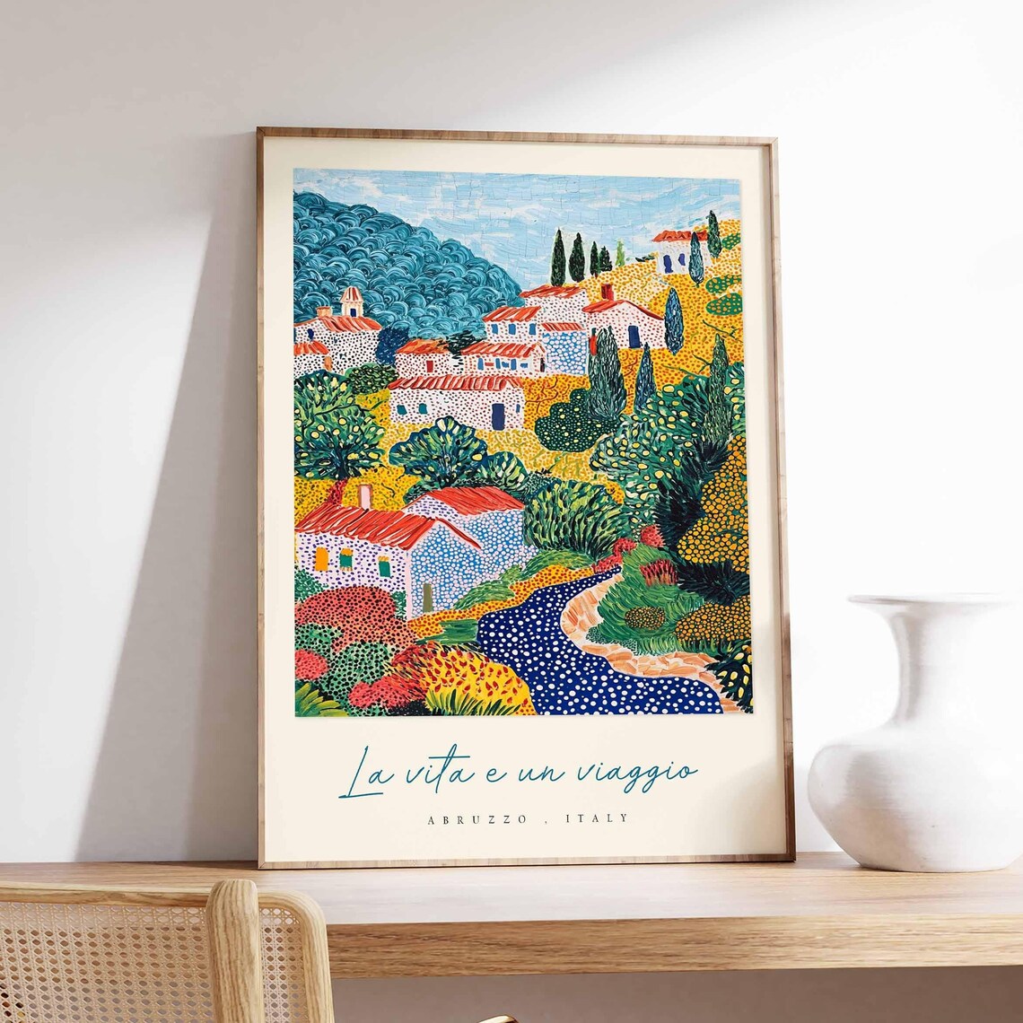 Abruzzo Dotted Folk Art Hillside Village Red Roofs Travel Poster