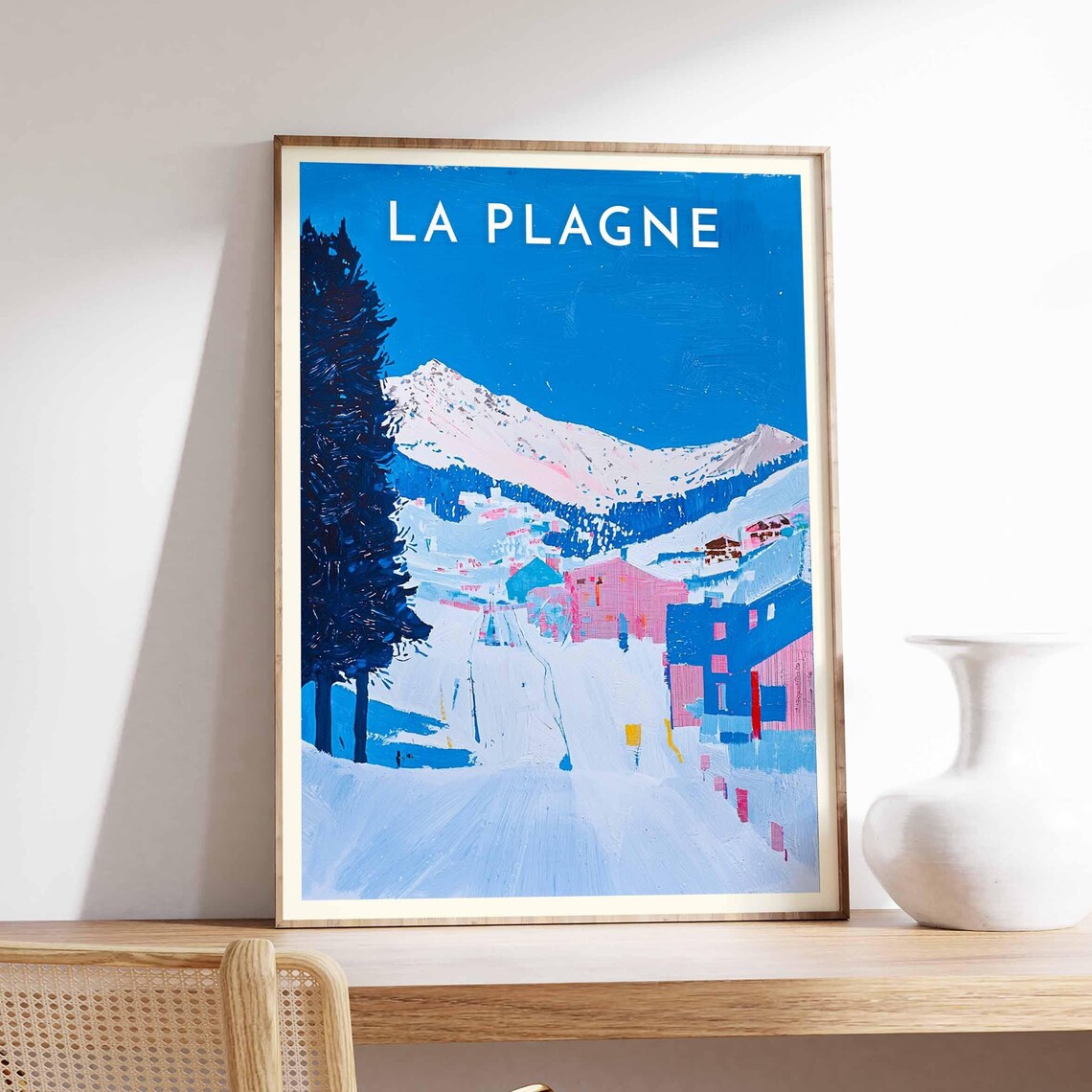 La Plagne Colorful Mountain Village Poster in Bold Blue and Pink