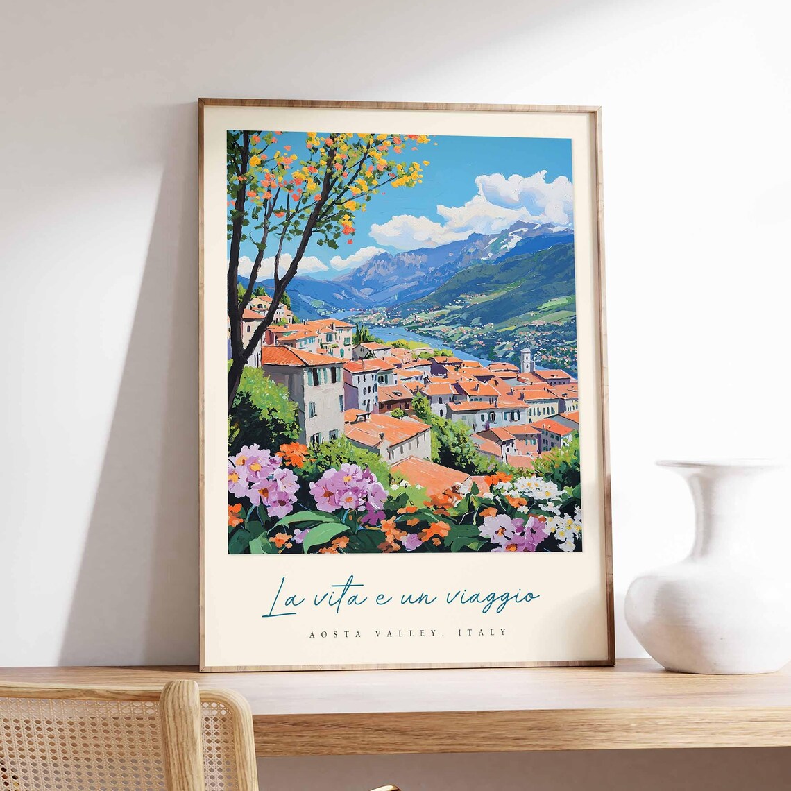 Aosta Valley Town Red Roofs Lake Mountains Floral Travel Poster