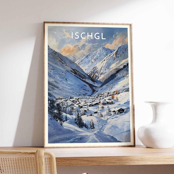 Ischgl Austria Painterly Snowy Alpine Village Vintage Travel Poster
