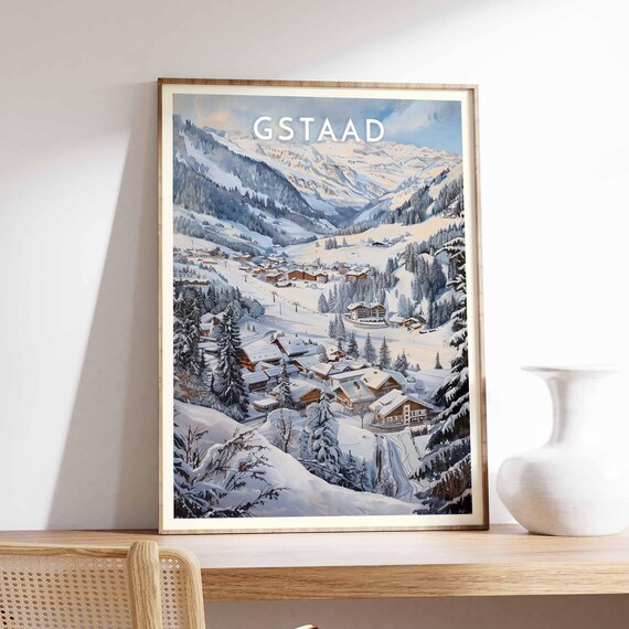 Gstaad Swiss Alpine Snowy Winter Valley Village Forest Poster