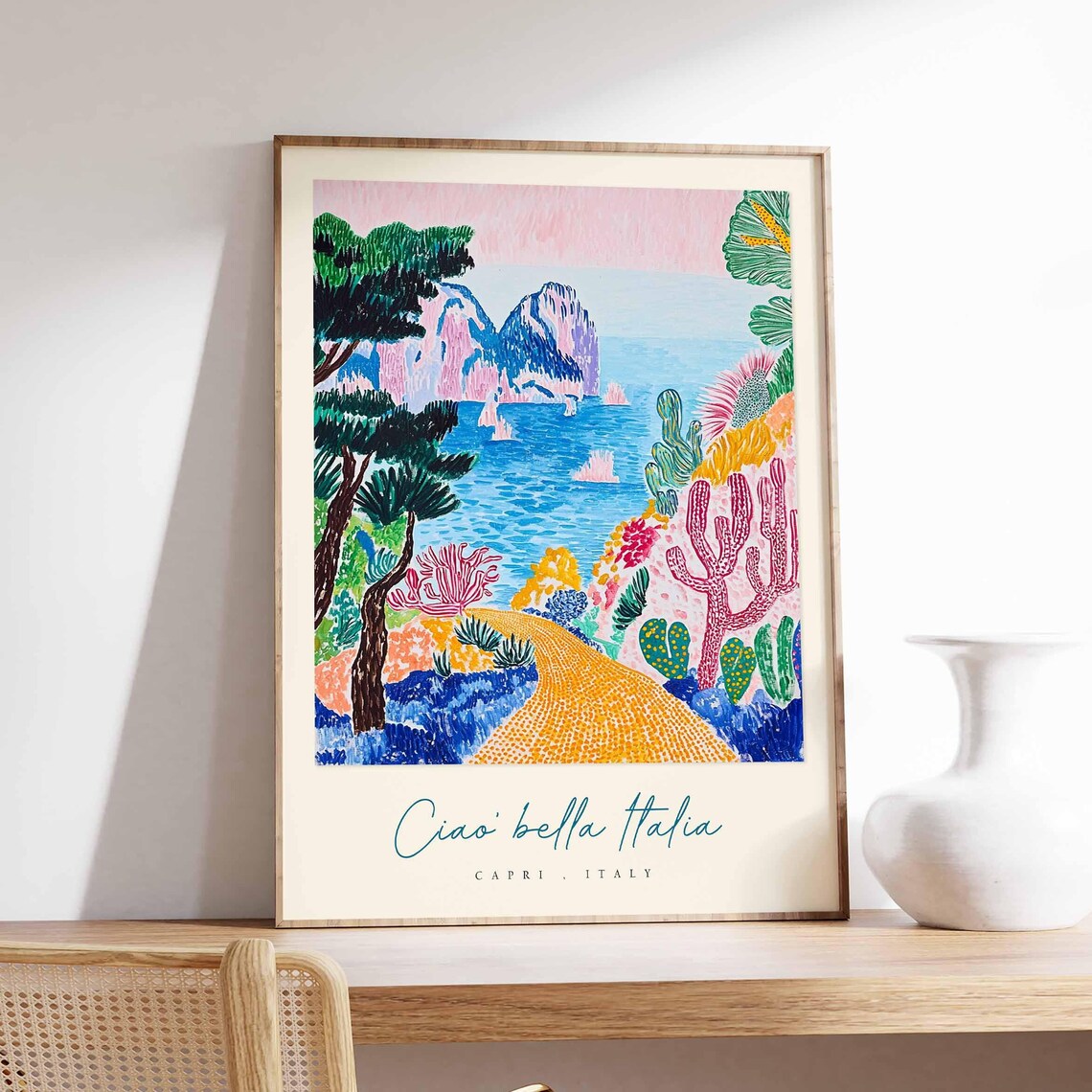 Ciao Bella Italia Capri Italy Cacti and Faraglioni Rocks Poster