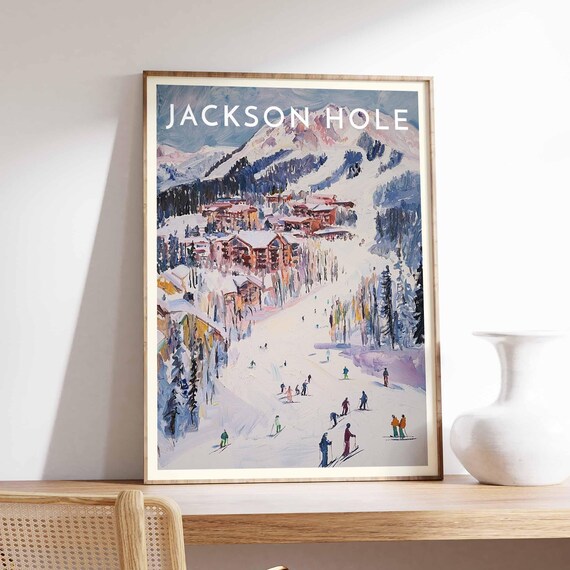 Jackson Hole Ski Resort Watercolor Poster with Skiers on Snowy Slopes