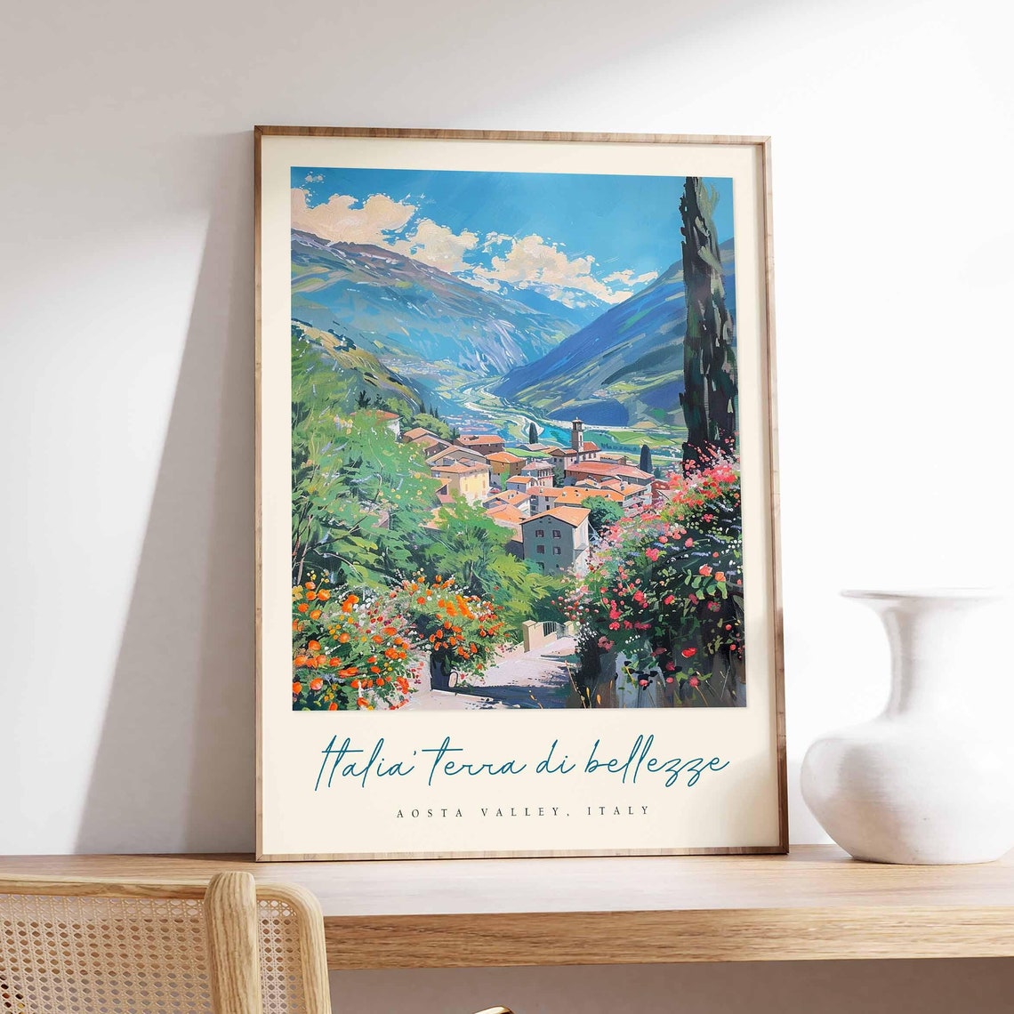 Aosta Valley Flower Covered Path Town Mountains Travel Poster