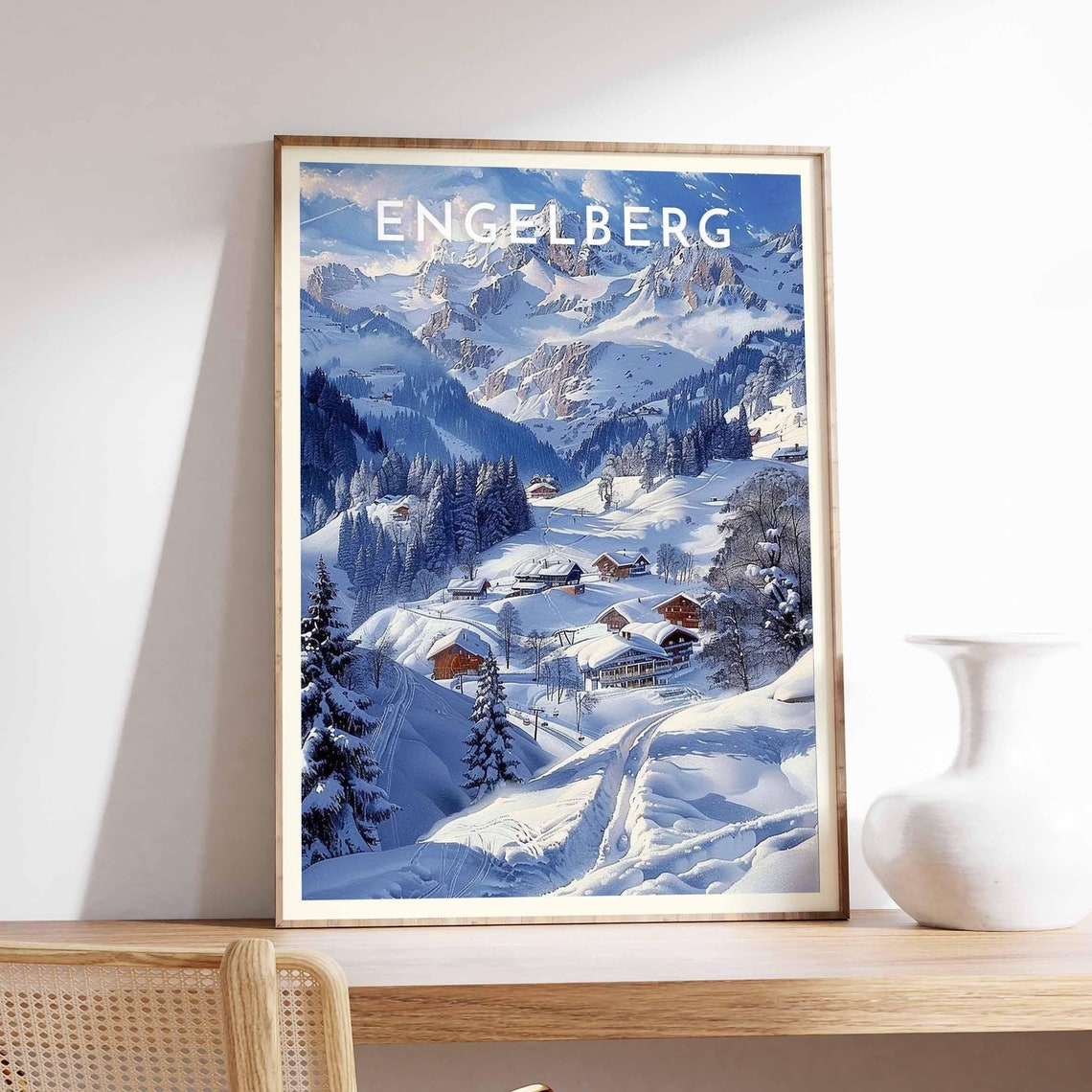 Engelberg Moonlit Blue Chalets Snowy Valley Night Winter Scene Poster