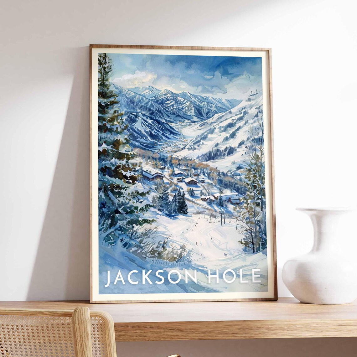 Jackson Hole Mountain Valley Watercolor Poster with Village and Ski Runs