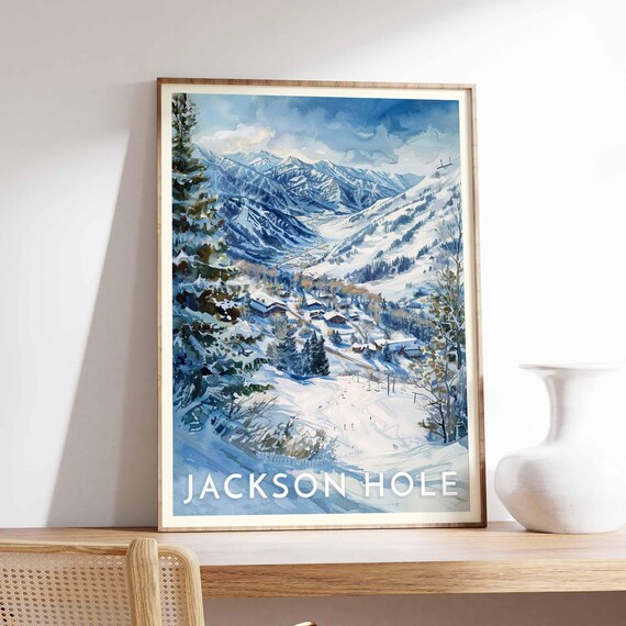 Jackson Hole Mountain Valley Watercolor Poster with Village and Ski Runs