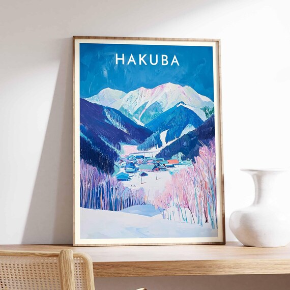 Hakuba Japan Bold Teal Sky Pink Trees Valley Ski Scene Poster