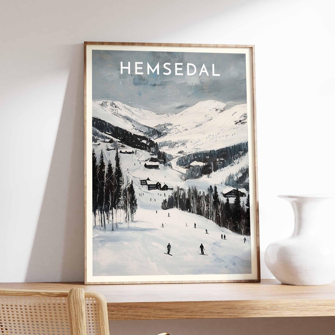 Hemsedal Norway Black and White Winter Ski Valley Scene Poster