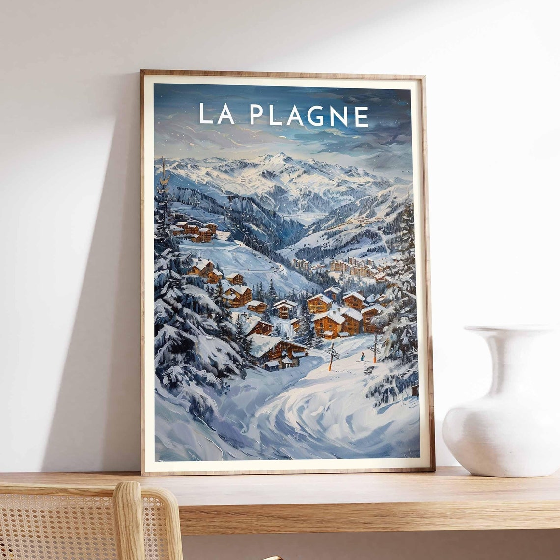 La Plagne Moonlit Chalets Poster with Pines and Alpine Night Sky