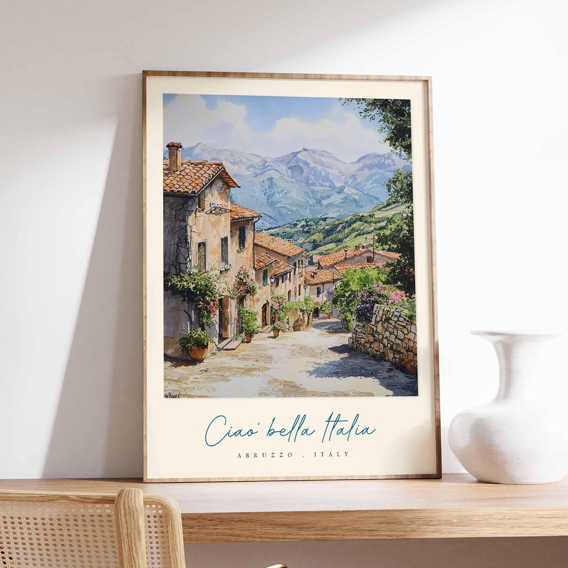 Abruzzo Stone Village Street Terracotta Roofs Mountain Poster