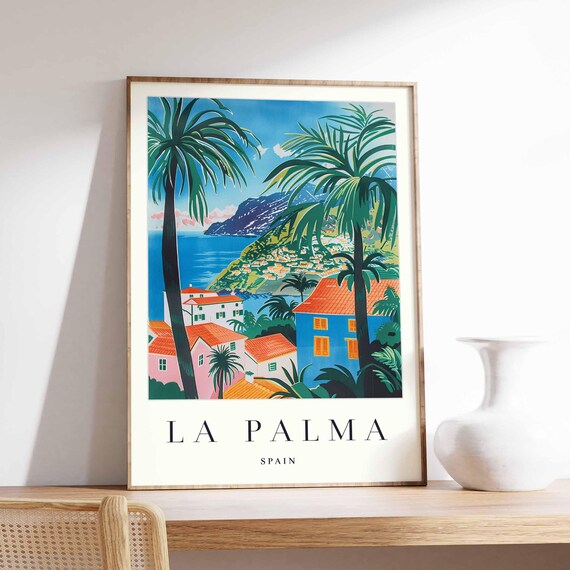 La Palma Spain Palm Framed Village Bay Colorful Travel Poster