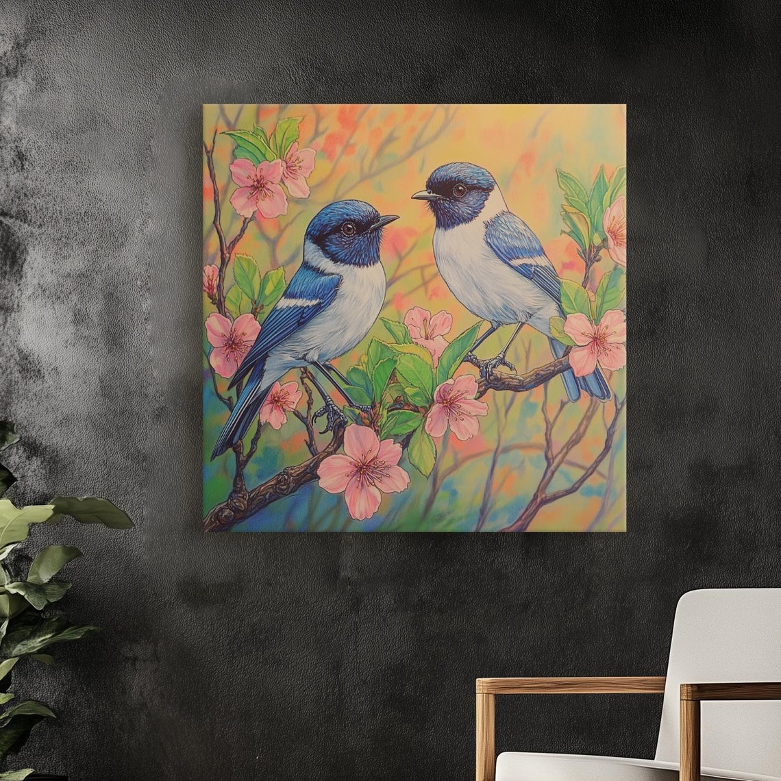 Blue Songbirds on Cherry Blossom Branches Colored Pencil Art Print