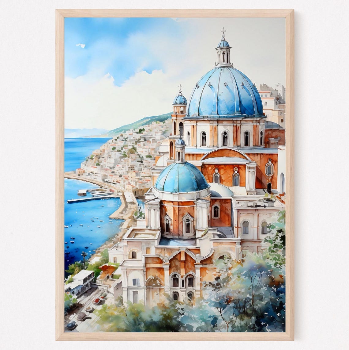Mediterranean Coast Blue Domes Watercolor Seaside Painting Print
