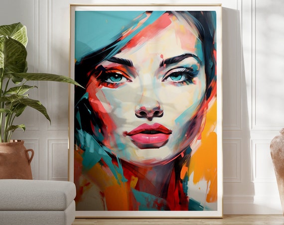 Vibrant Woman Potrait Painting Maximalist Home Decor Wall Art Printable Oil Painting Effect Home Office Poster