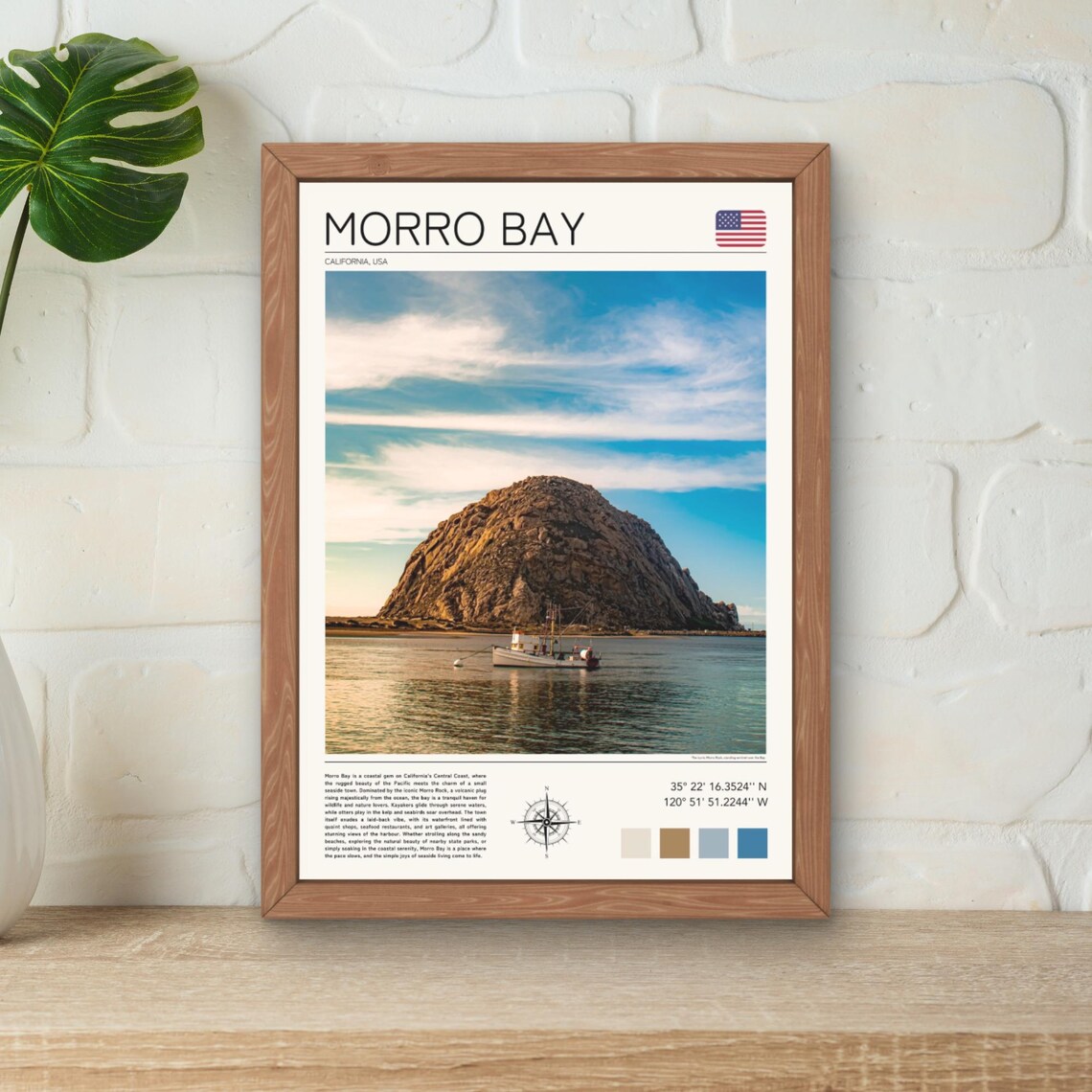 Morro Bay California Morro Rock Harbor Boat Coastal Travel Poster