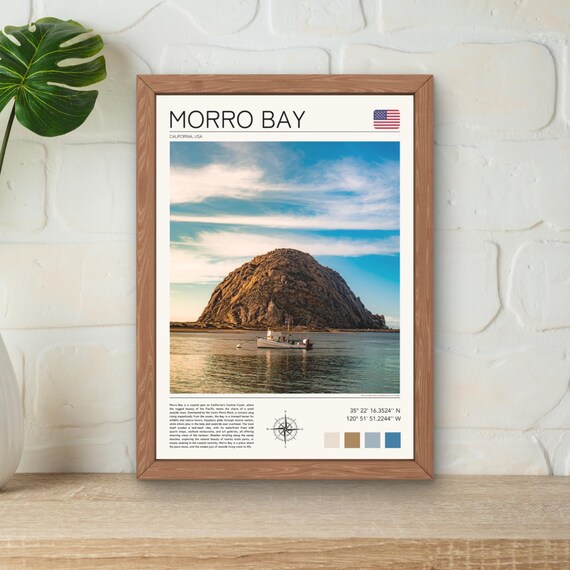 Morro Bay California Morro Rock Harbor Boat Coastal Travel Poster