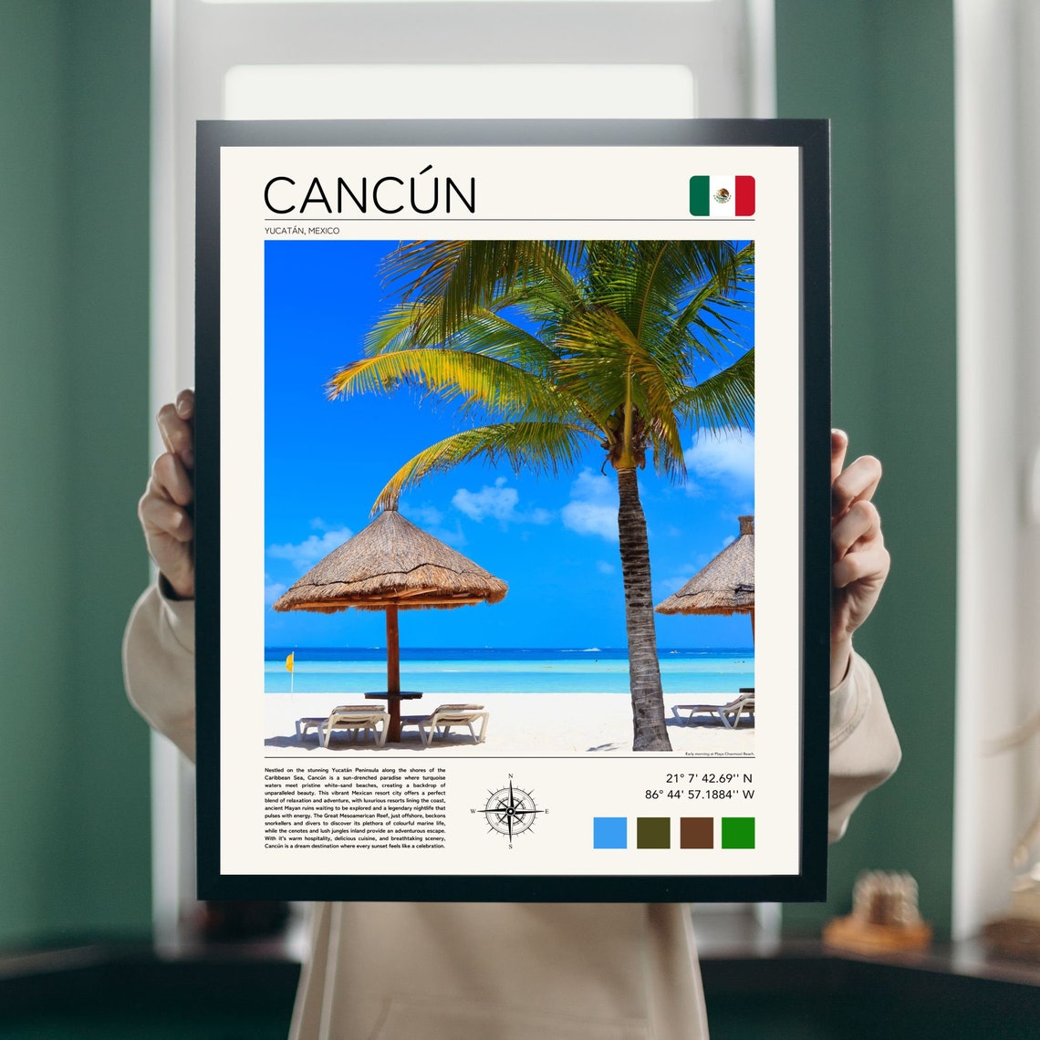 Cancun Mexico Caribbean Beach Palapa Umbrellas Palm Tree Poster - Image 4