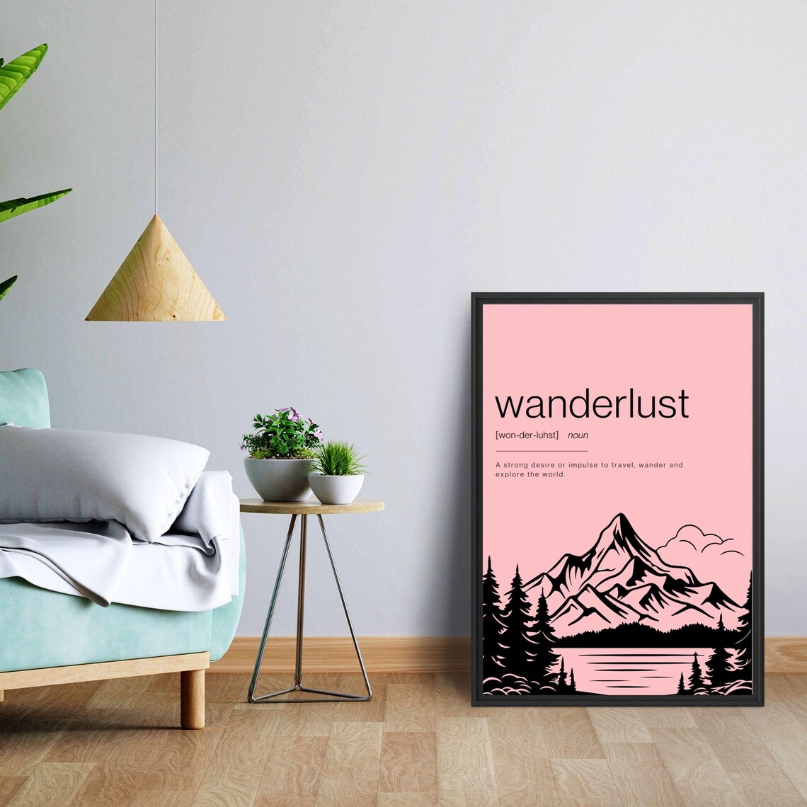 Wanderlust Definition Travel Quote Pink Mountain Silhouette Poster - Image 5