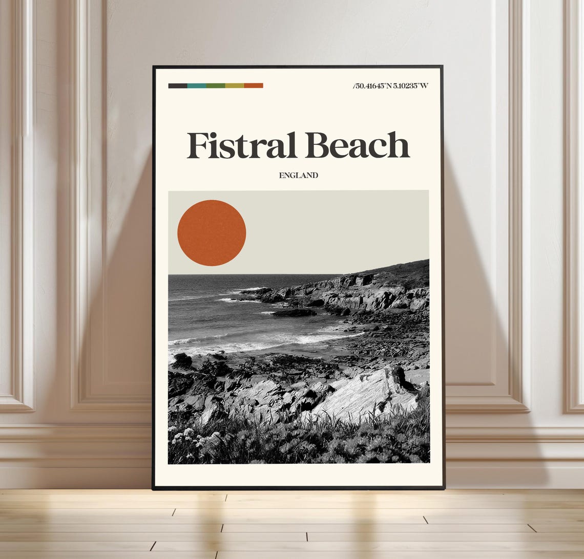 Fistral Beach England Black and White Rocky Coast Travel Poster