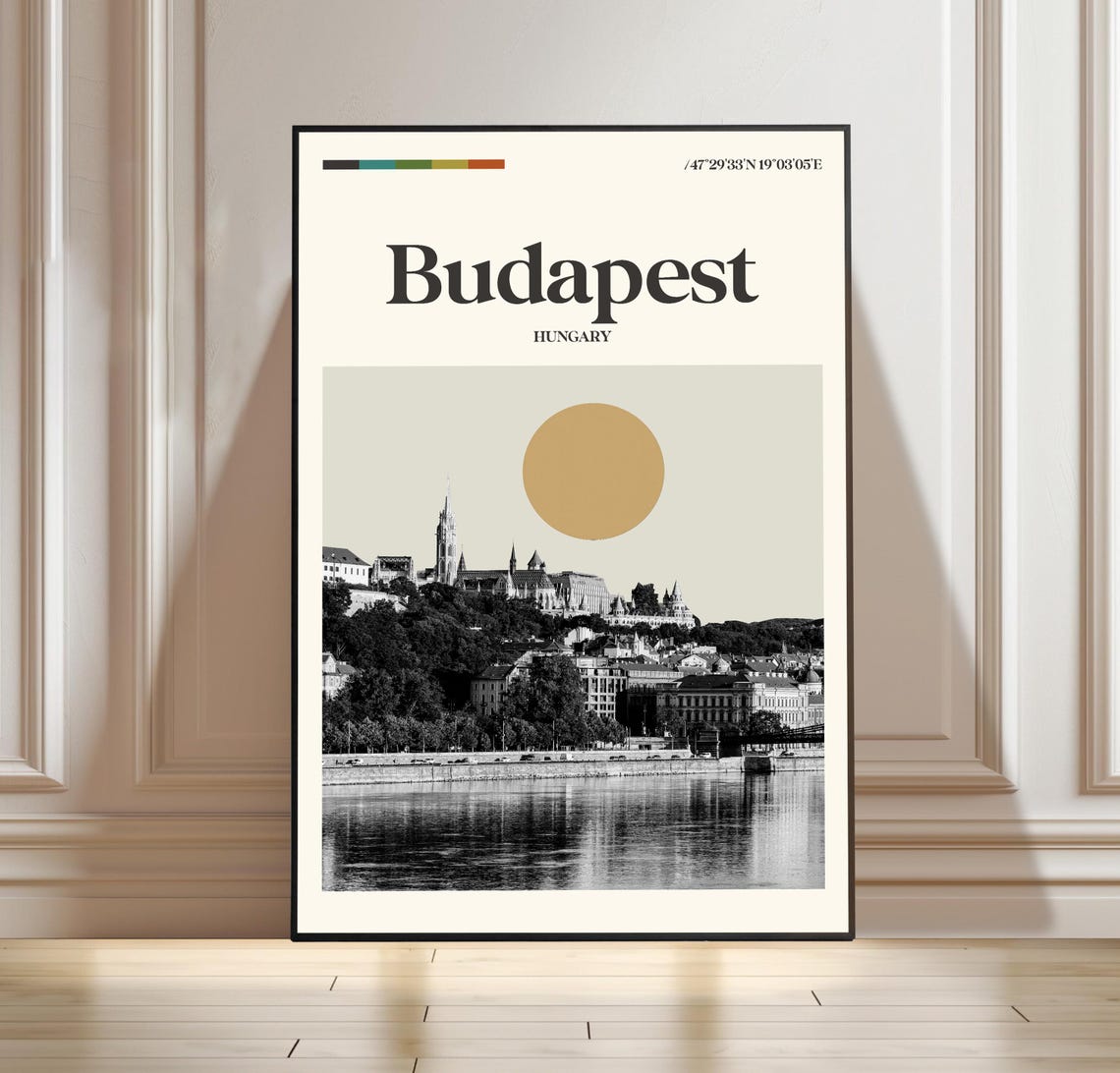 Budapest Hungary Danube Castle Golden Sun Vintage Travel Poster