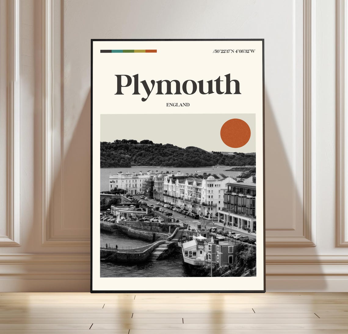Plymouth England Minimalist Black White Coastal Harbor Travel Poster