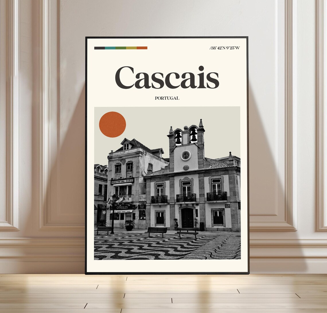 Cascais Portugal Old Town Square Red Sun Vintage Travel Poster