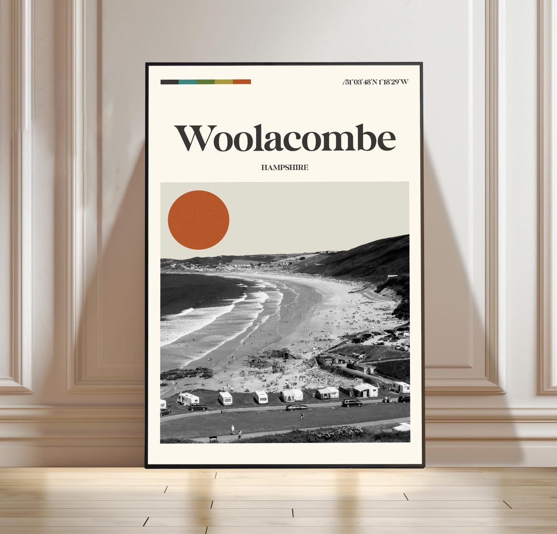 Woolacombe Hampshire Minimalist Travel Poster Beach Sunset Scene Art