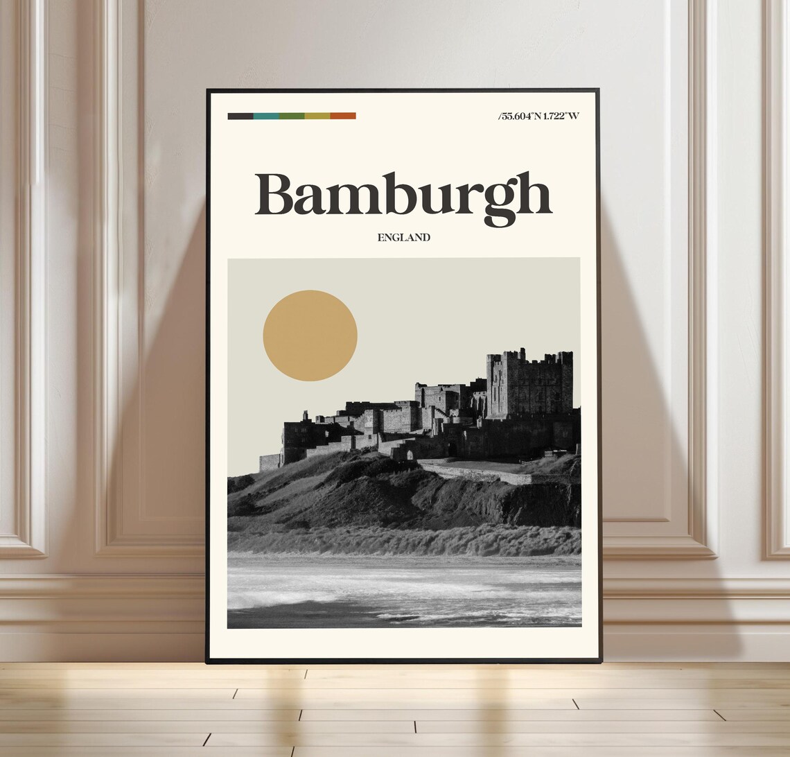 Bamburgh Castle England Coastal Travel Poster Monochrome Design