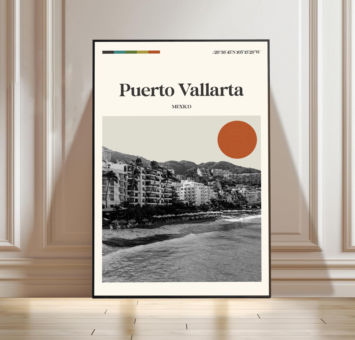 Puerto Vallarta Mexico Beach Travel Poster With Retro Sun Design