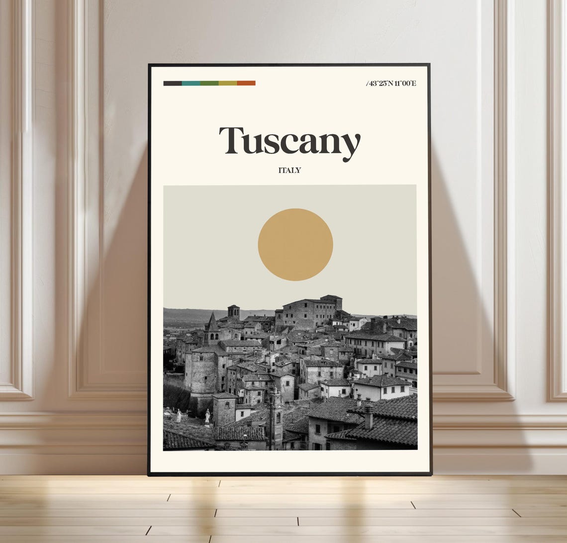 Tuscany Italy Minimalist Travel Poster Golden Sun over Hilltop Town