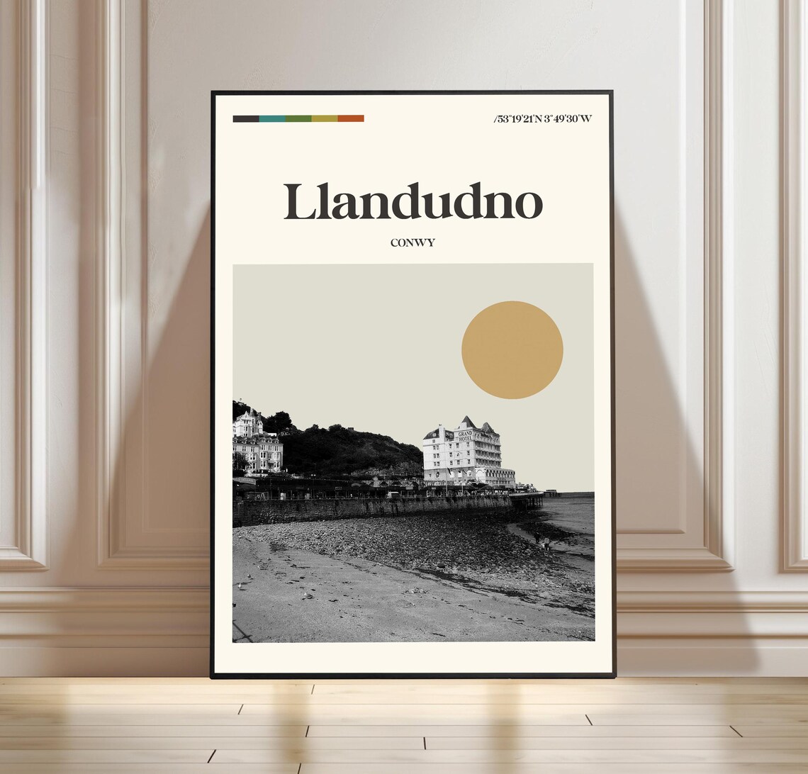 Llandudno Conwy Wales Beach Minimalist Travel Poster with Gold Sun Art