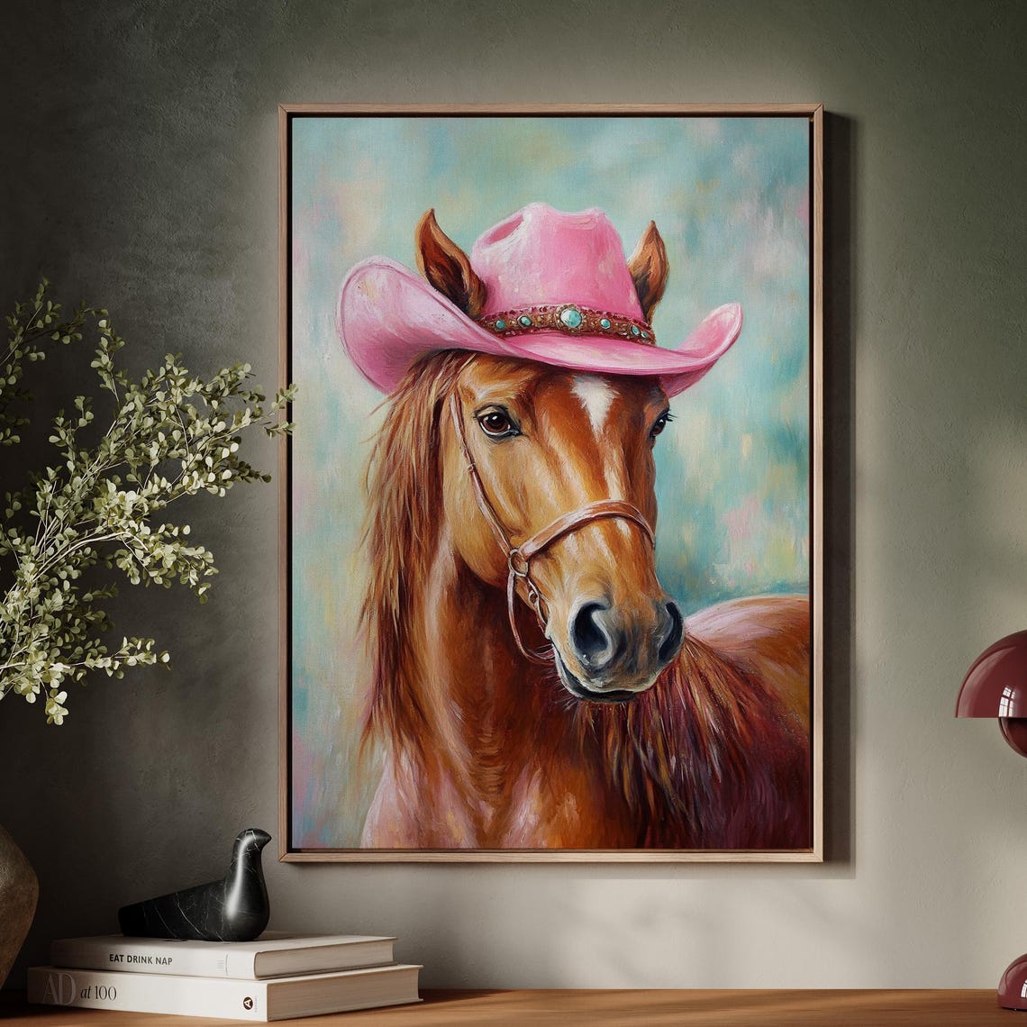 Chestnut Horse in Pink Cowboy Hat Turquoise Concho Band Poster