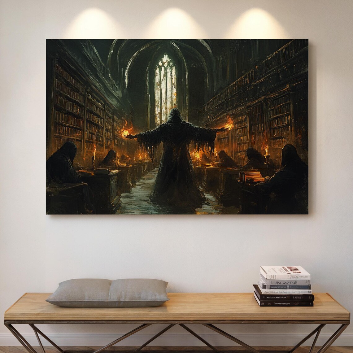 Dark Sorcerer in Gothic Library, Fantasy Art Print