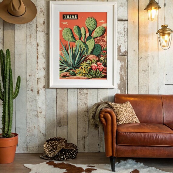 Tejas Retro Desert Cactus Prickly Pear Vintage Travel Style Poster