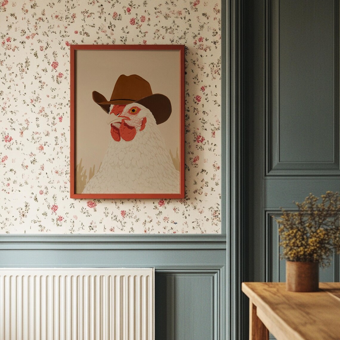 Funny Cowboy Chicken Portrait White Hen Wearing Western Hat Print