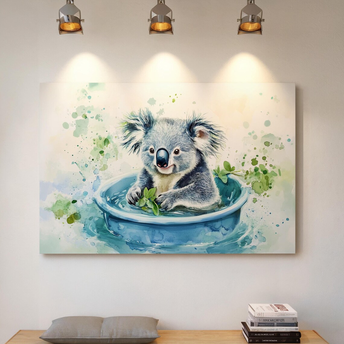 Sweet Baby Koala Bathing in a Blue Tub Watercolor Art Poster