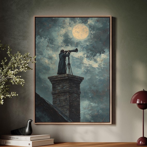 Man With Telescope On Rooftop Under Full Moon Art Night Sky Observing Scene Atmospheric Wall Decor For Stargazers