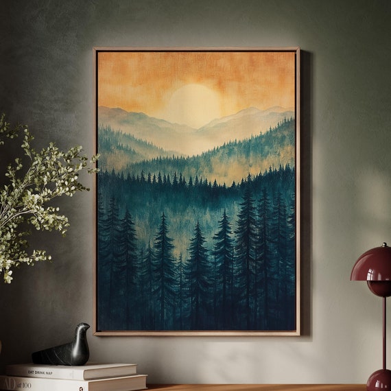 Serene Forest Sunrise Wall Art Misty Mountain Landscape With Warm Golden Sky For Nature Inspired And Tranquil Home Decor