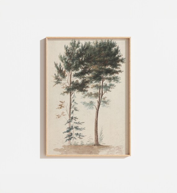 Vintage Rustic Tree Drawing Landscape Wall Art Print