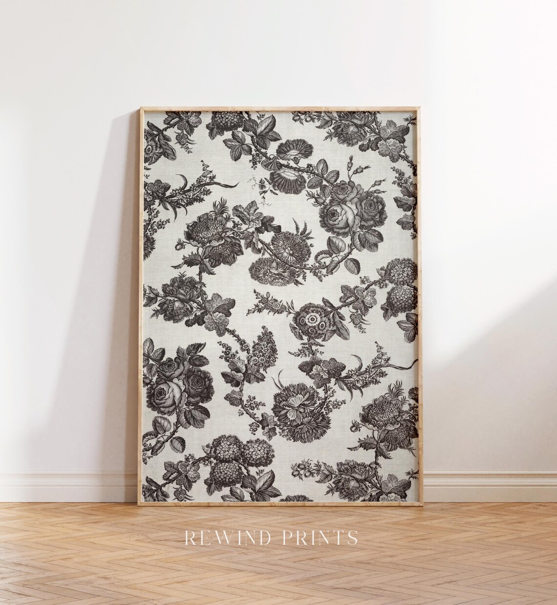 Vintage Black and White Floral Textile Print, Botanical - Image 5