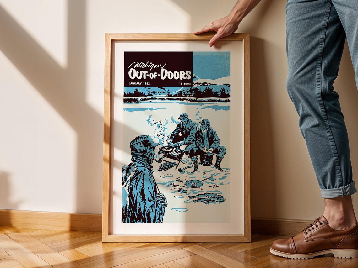 Michigan Out Of Doors 1952 Ice Fishing Vintage Magazine Poster - Image 3