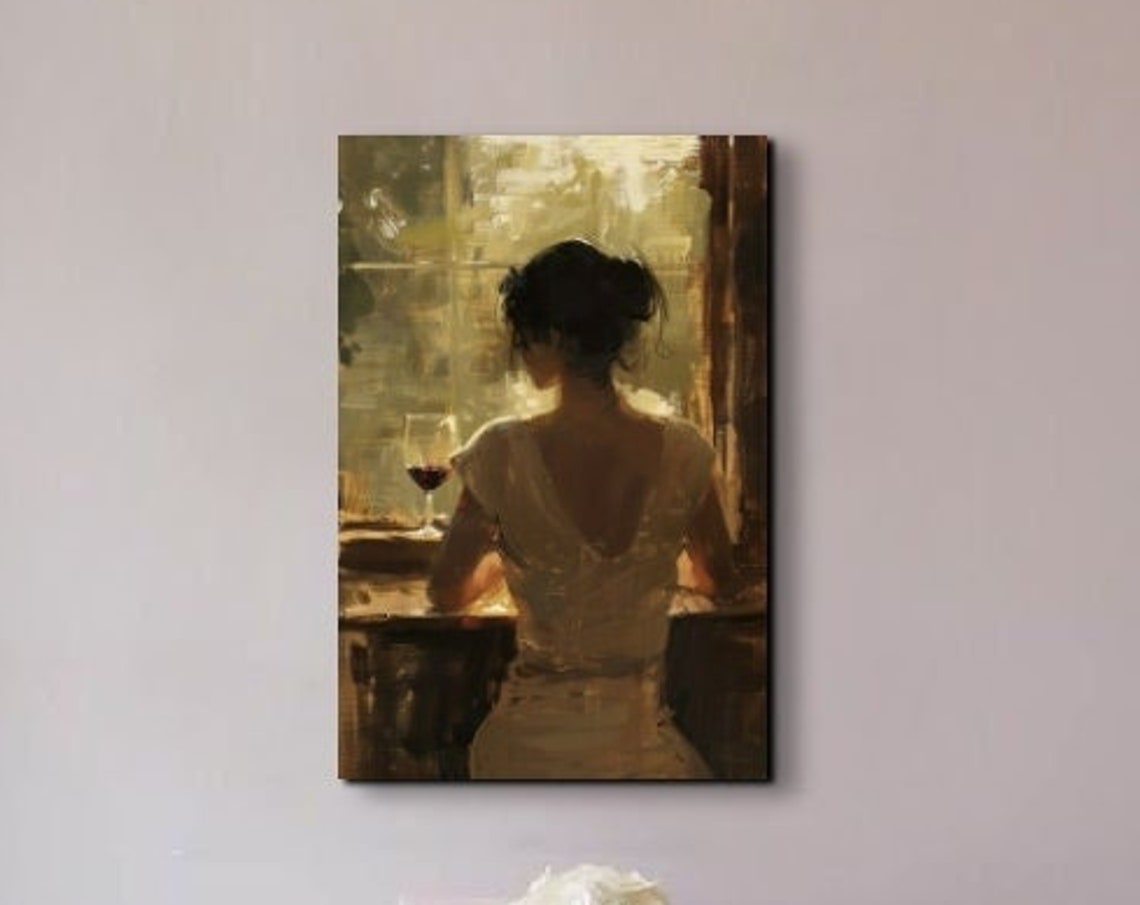 French Beauty With Glass Of Wine Oil Paint Impressionist Ready To Hang Wall Art Print French Art Wine Art Oil Paint Style Art