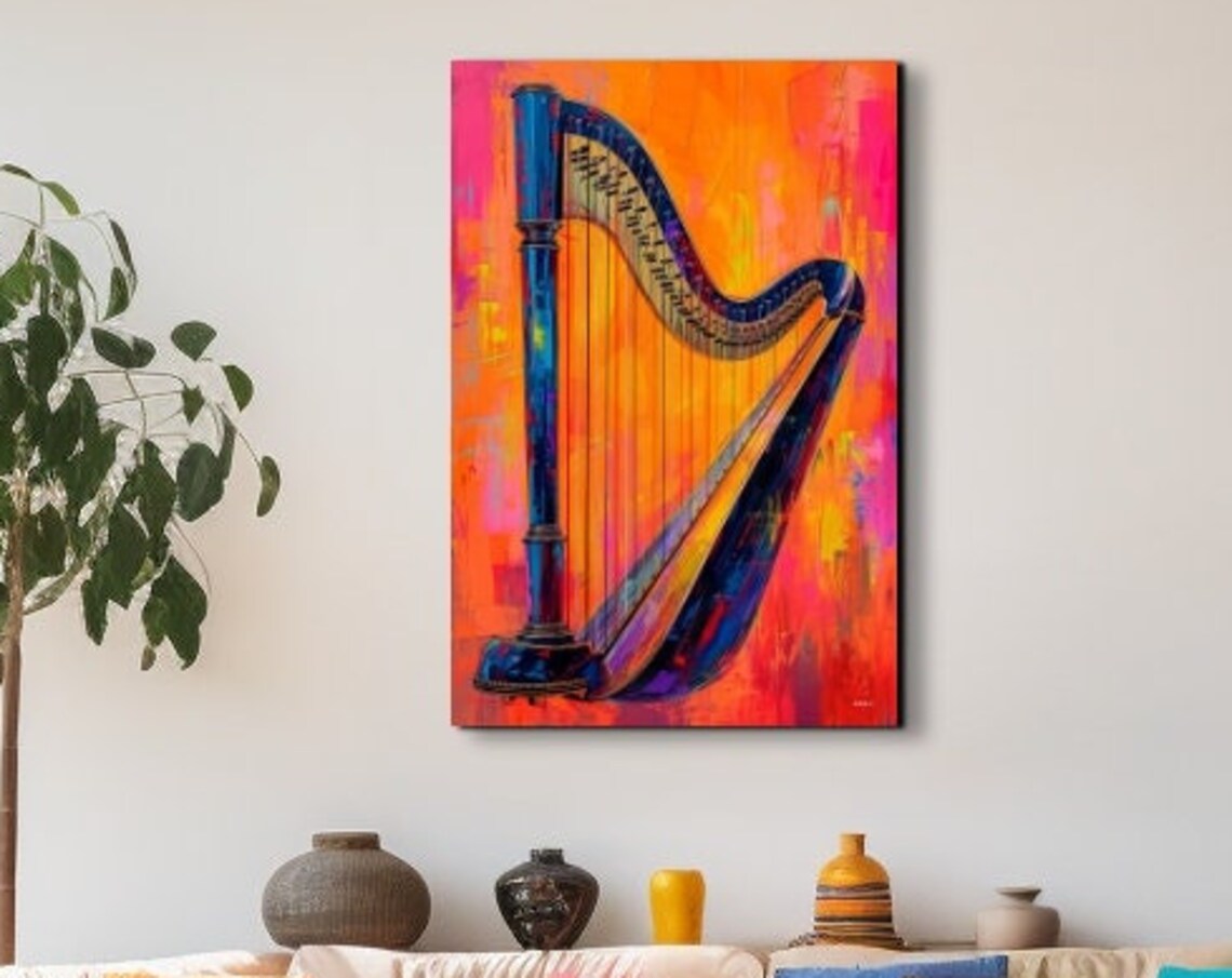 Pop Art Harp Blue Orange Modern Musical Instrument Decor Wall Art