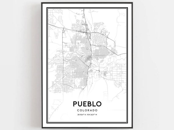 Pueblo Map Print Poster Wall Art Co City Colorado Street Decor Road Gift
