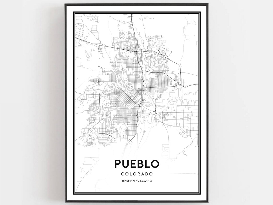 Pueblo Colorado Minimalist Black and White Street Map Art Poster