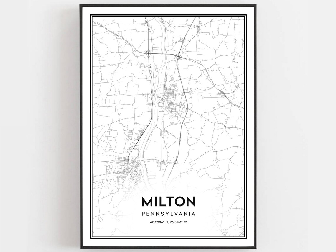 Milton Pennsylvania Minimalist Black White Street Map Poster